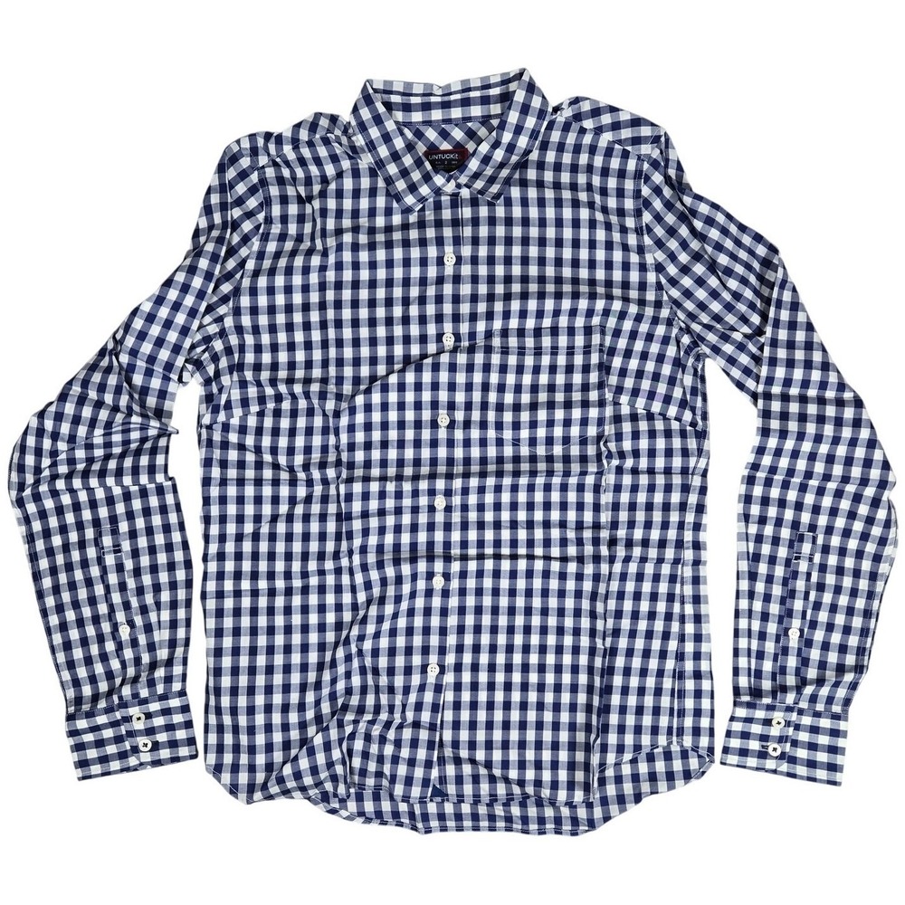 UNTUCKit Womens Belleza 2 Gingham Button Down Shirt Navy Blue White Cotton